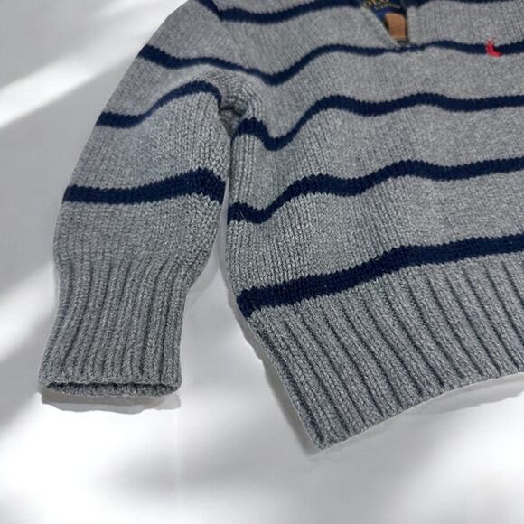 Ralph Lauren Polo Logo Gray Navy Boy's 12 Months Striped Quarter Zip Sweater - Picture 3 of 5